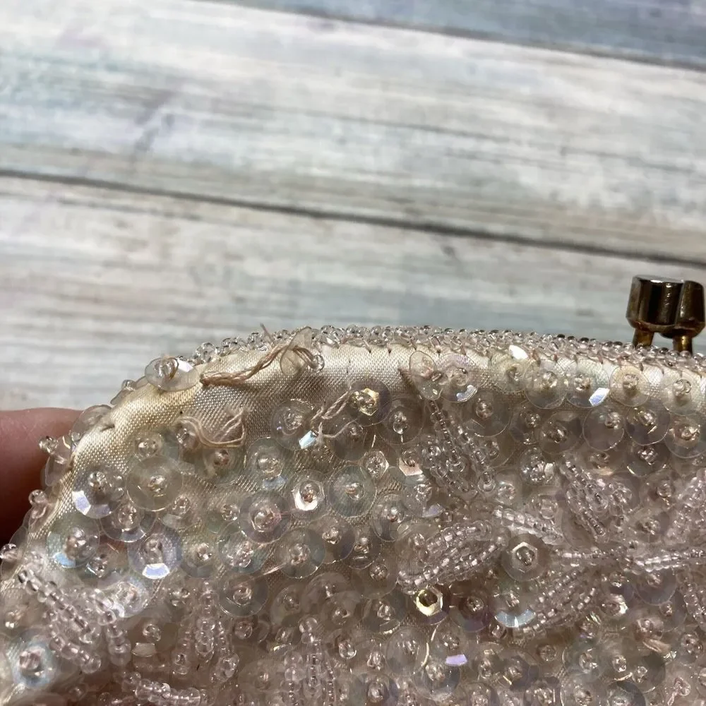 Vintage Beaded Sequin Evening Purse Clutch Made in Hong Kong Ivory Iridescent 8